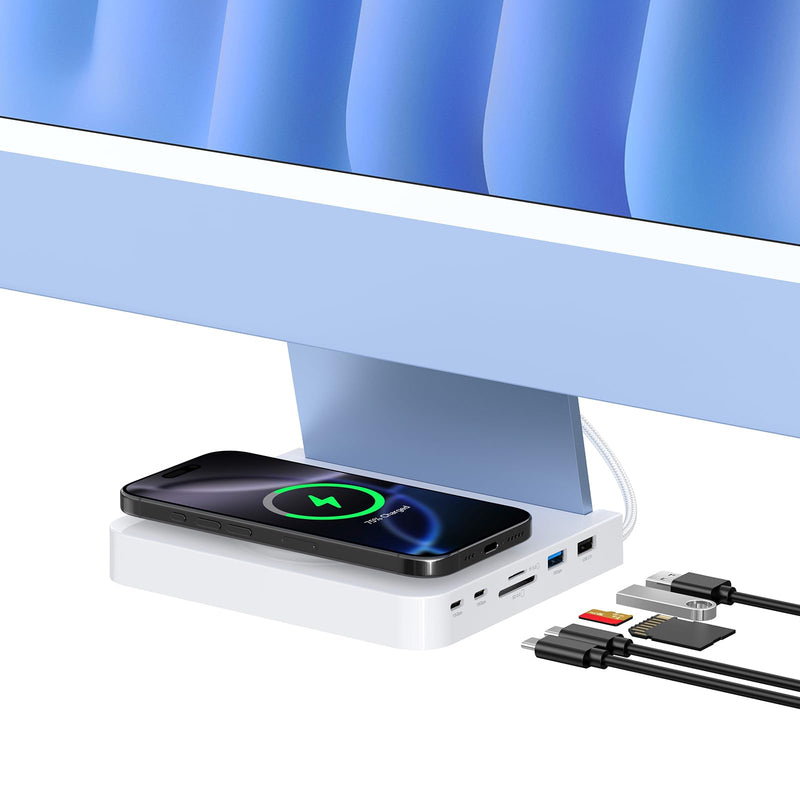 USB C Hub for iMac 24-inch 2021/2023/2024, 10Gbps USB-C*2 & USB-A, SD/TF Reader, 15W Wireless Charge, Accessory Adaptor for iMac M1 M2 M4