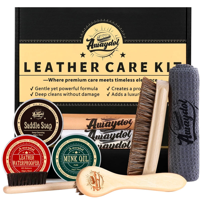 10 PCS Leather Care Kit - Horsehair Brushes,Saddle Soap,Waterproofing Wax,Mink Oil Conditioner,Polishing Cloth,Microfiber cloth,Boot Shoe Shine Cleaning Kit Gift for Men Cowboy Husband Dad ﻿