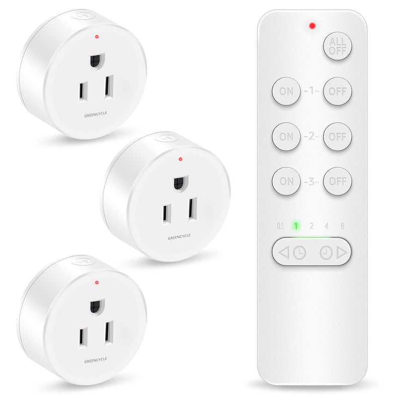 Greencycle Remote Control Outlet with Timer,1 Wireless Switch 3 Outlets | 200FT Long Range,15A/1875W,5 Timer Settings,Programmable and Expandable,for Lamps,Fans,Christmas Lights,Household Appliances 1 Remote 3 Outlets Handheld Switch