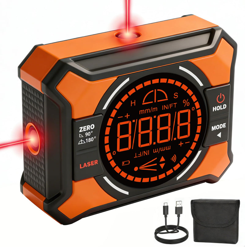 Digital Magnetic Angle Gauge with Laser, (Class 2, 1mW Power Output) 3-in-1 Mini Angle Finder, Rechargeable Digital Level with Backlit LED Display, Inclinometer Protractor for for Woodworking Orange