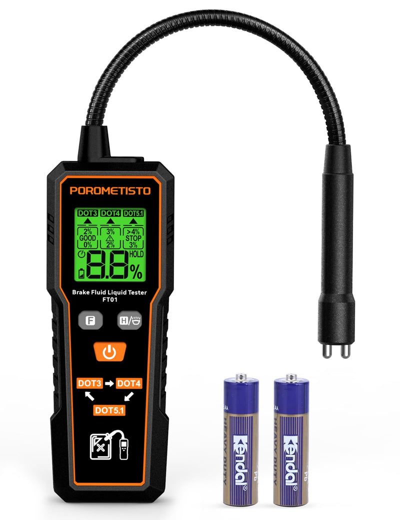 Brake Fluid Tester POROMETISTO FT01, Brake Fluid Moisture Tester with 8.5-Inch Corrosion Resistance Probe, Brake Fluid Detector with Flashlight, Data Hold, Backlight Alarm for DOT3, DOT4, DOT5.1-Black