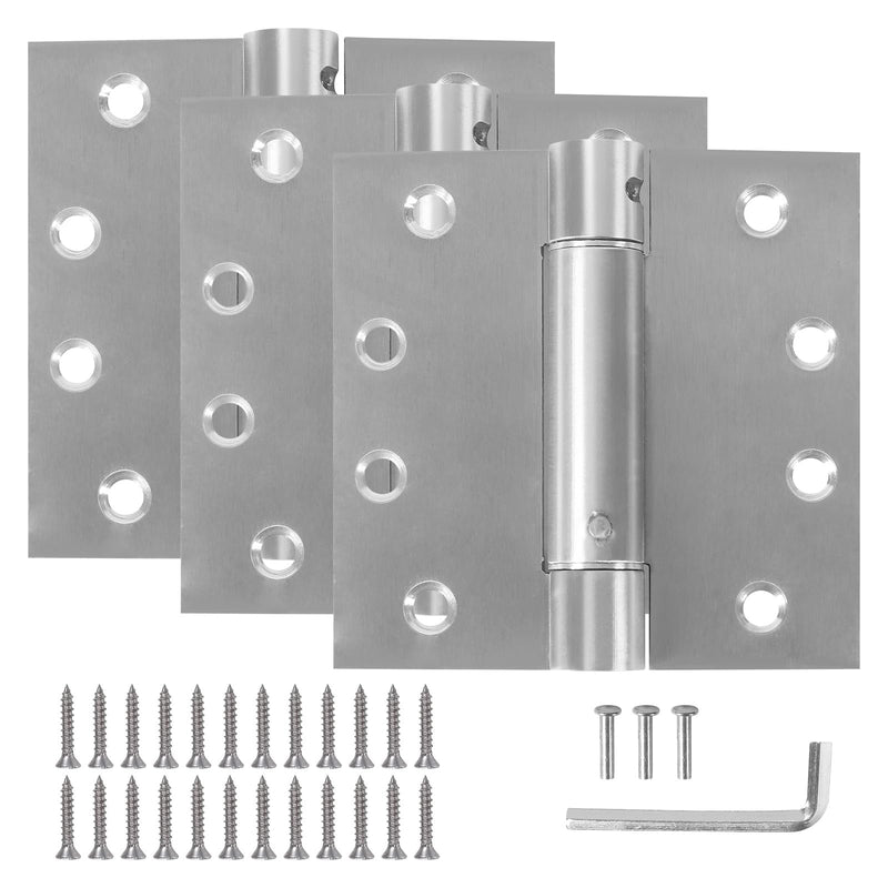 3 Pack Self Closing Door Hinges, 4 Inch Spring Loaded Hinges Adjustable Tension Spring Hinges with Square Corners, Heavy-Duty Door Hardware for Commercial and Residential Doors, Brushed Nickel 3