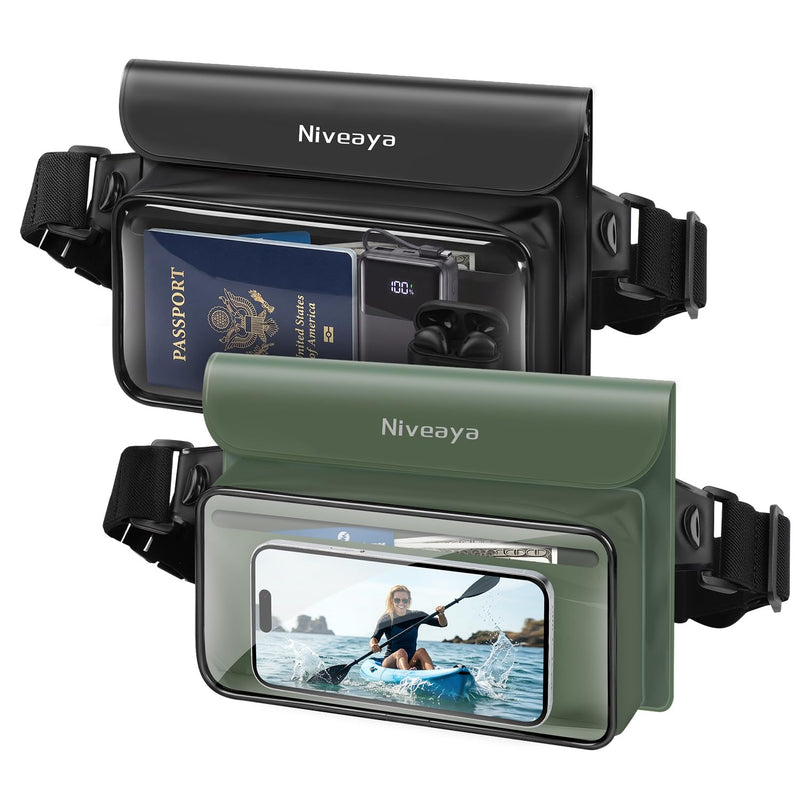 Niveaya IPX8 Waterproof Fanny Pack for Men Women, Large Capacity Touch Screen Dry Bag for Kayaking, Paddle Boarding, Waterpark & Swimming Essentials, Adjustable Waist Strap Pouch for Cell Phone Black&Army Green