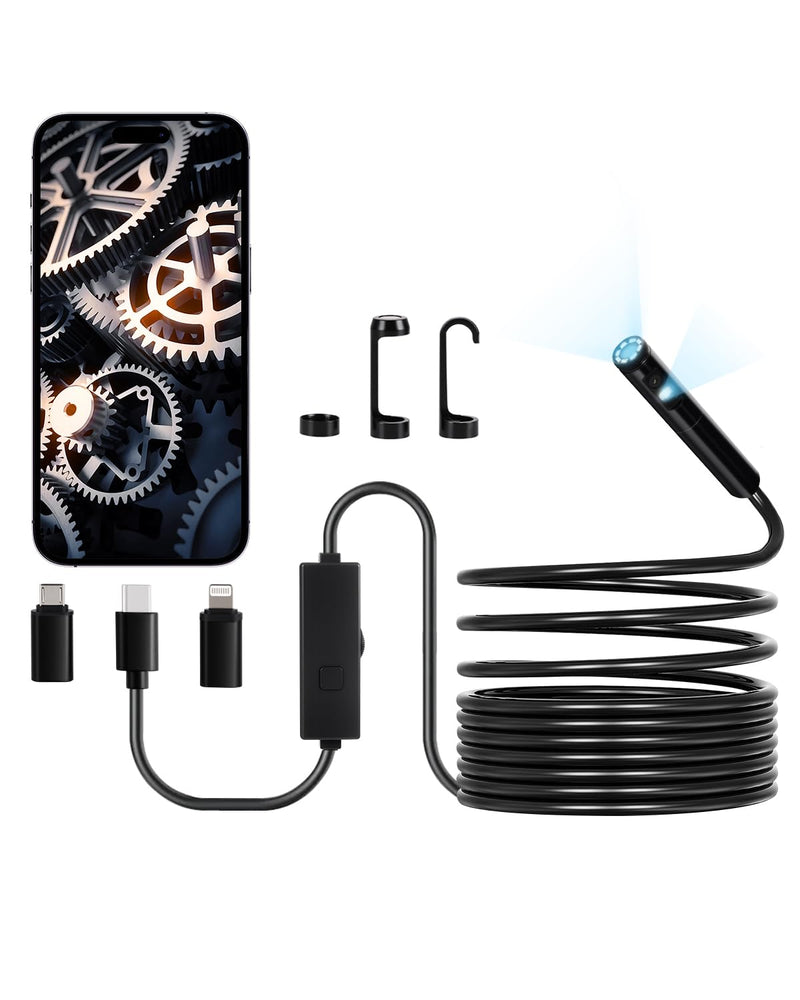 VEVOR Endoscope Camera with Light, Dual Lens Borescope for Android & iOS, 1920P HD Inspection Camera with 8 + 1 LED Light, 2X Zoom, 16.4FT Snake Cable, IP67 Waterproof Snake Camera for Auto, Plumbing