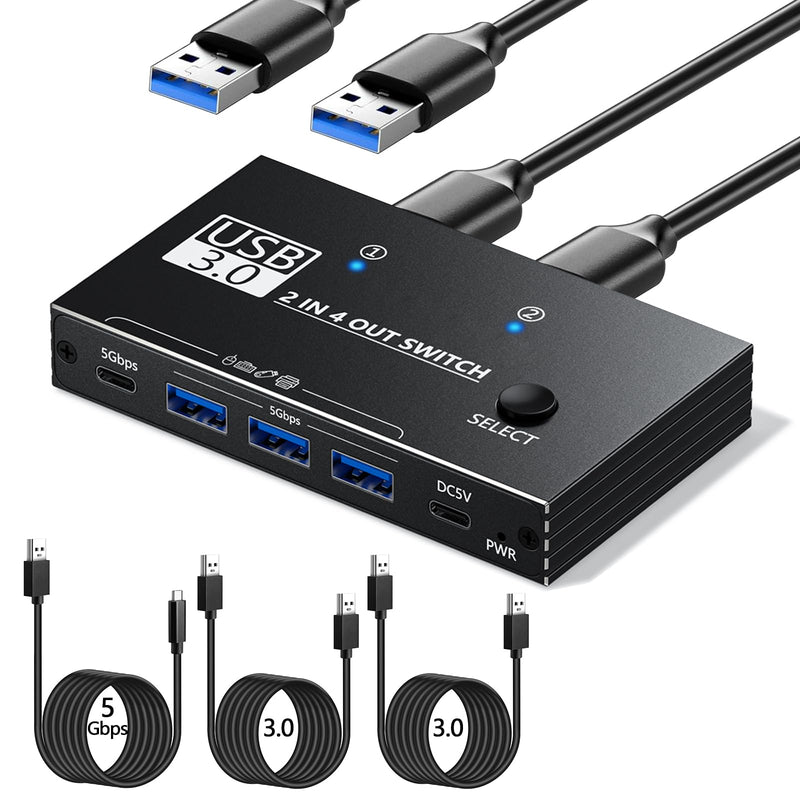USB Switcher 2 Computers Sharing - 5Gbps USB 3.0 Switch Share 4 Port Devices, Plug and Play, Aluminum USB3.0 Switch Selector 2 PCs Share Keyboard Mouse Printer Scanner with One Button USB 3.0 2in4out