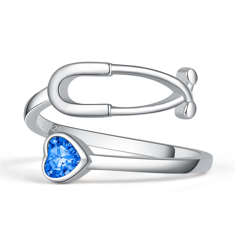 BEILIN Stethoscope Birthstone Rings for Women 925 Sterling Silver Adjustable Heartbeat Ring Nurse Doctor Jewelry Graduation Gifts for Medical Student September