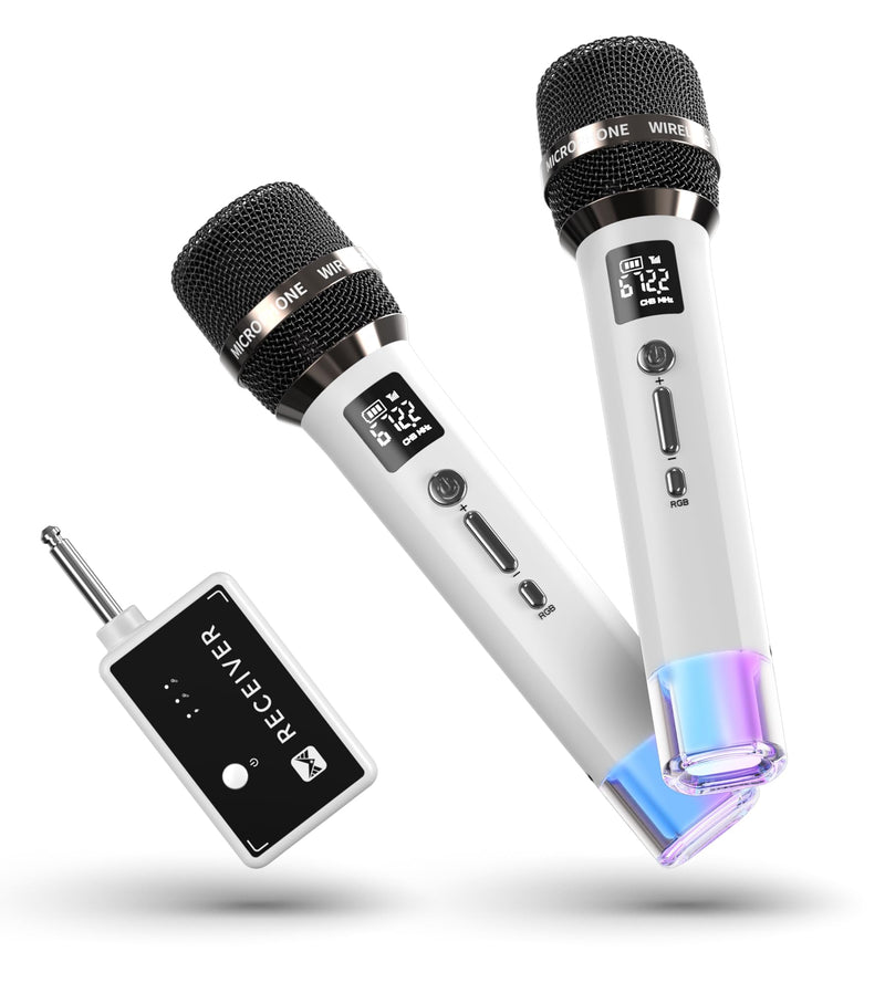 Wireless Microphones, Microphone with One-to-One Chip Connection and LED Lights, 40H Duration, 200FT Range Receiving, Volume Control Karaoke Microphone for Singing, Speech, Home Party, YouTube/TikTok White