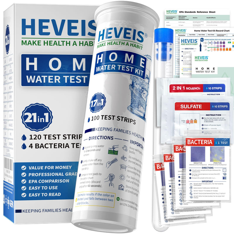 21-in-1 Home Drinking Water Testing Kit - 120 Strips + 4 Bacteria Tests - Tap and Well Water Test Kit, Easy to Test and Read for Hardness, Lead, Iron, Fluoride, pH, Copper, Bacteria and More Blue