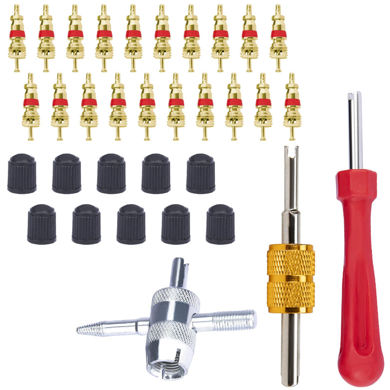 2 PCS Tire Valve Stem Removal Tool with 20 PCS Valve Cores, 10 PCS Tire Valves Caps, 1 PCS 4-Way Valves Tool, Car Accessories Tires Repair Tools Universal for All Cars (33 PCS)