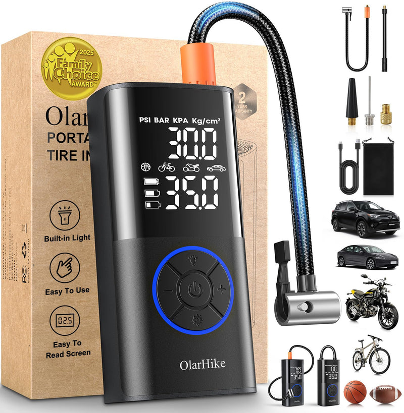 OlarHike Tire Inflator Portable Air Compressor, Smart Dual Hose System, 160PSI Auto Air Pump for Car Tires, Bike,Bicycle, Motorcycles,Electric Pump with LED Light & Digital Pressure Gauge 5200MAH Black