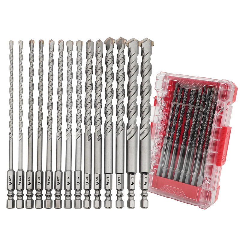 Pro Edge 14 Pcs Masonry Drill Bit Set 5/32"-1/2", Carbide Concrete Drill Bits with Shockproof Hex Shank and Industrial Carbide Bit Tip for Brick/Glass/Cement/Tile/Plastic, with Storage Box 5/32"-1/2" 14pcs All-in-one