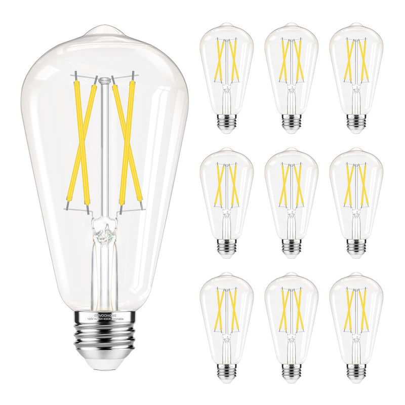 GvvooHome Dimmable LED Edison Bulbs, 4000K Daylight White, 6W Equivalent to 60 watt E26 LED Bulb, ST58 Vintage Light Bulbs, 600LM, 90+ CRI, E26 Base, Clear Glass, 10 Pack