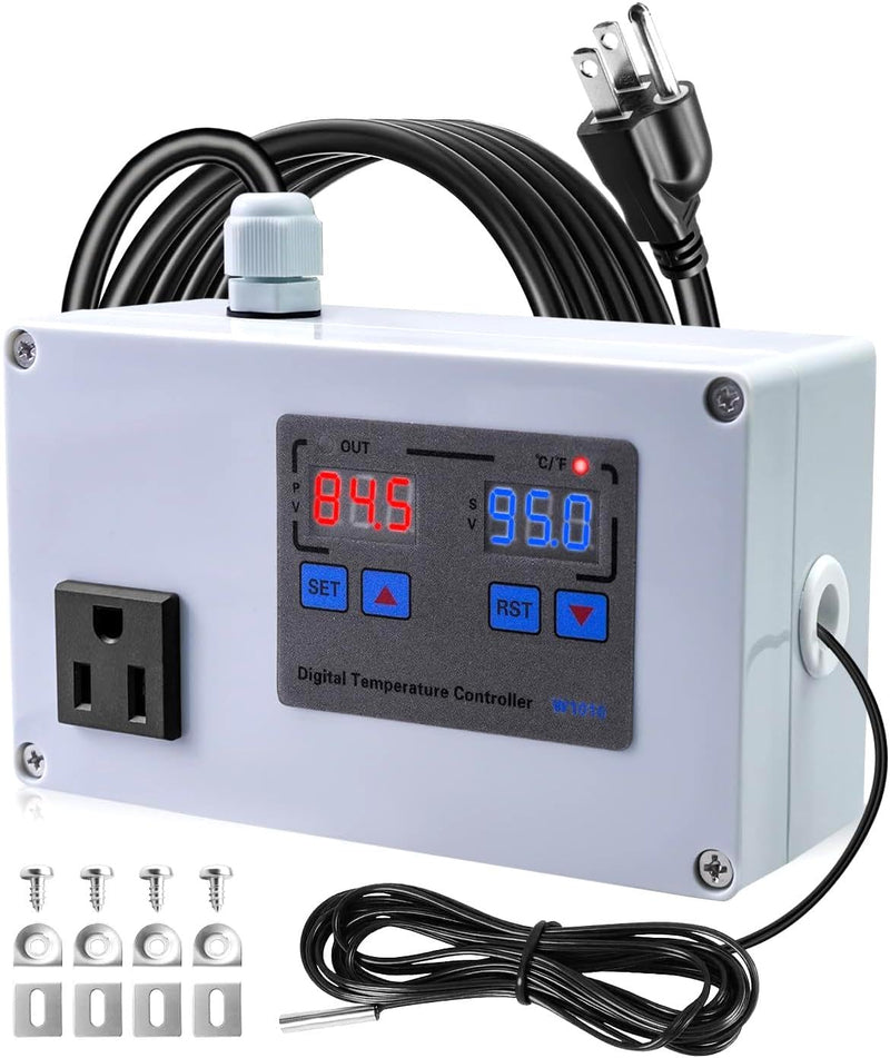 1100W Digital Temperature Controller, 110V 10A Thermostat Switch with Waterproof NTC 10K Sensor Probe, for Refrigerator Freezer Aquarium Heaters or Cooling Devices
