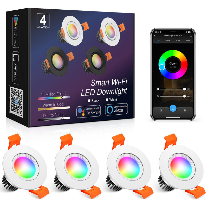 2 Inch Smart Recessed Lighting, 5W WiFi LED Downlight, Dimmable RGB & CCT 2700K-6500K, Compatible with Alexa & Google Home, 120V Recessed Ceiling Light with LED Driver（4 Pack ） White Trim 4 Pack