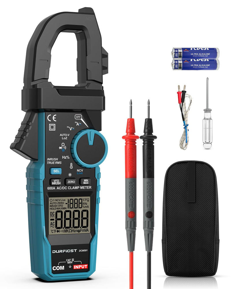Clamp Meter DURFICST Digital Inrush Clamp Multimeter AC/DC 600A 6000 Counts Amp Voltage Tester with VFD, LOZ Mode，Measures AC/DC Current Voltage NCV Temperature Resistance Capacitance Frequency