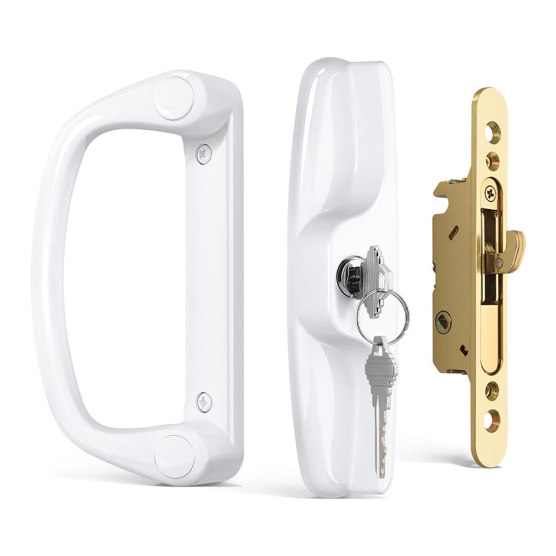 Probrico Patio Sliding Door Lock Set with Key and Mortise Lock, Sliding Glass Door Handles 45° Keyway, Reversible White Sliding Door Lock Set Fits 3-15/16" Hole Spacing, 1" to 2" Thick Doors Handles(Keyed) + Mortise Lock