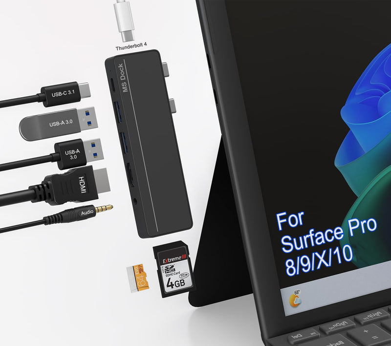 Surface Pro 8/9/X/10 Dongle - Surface Pro 9 Adapter with 4K HDMI, Thunderbolt 4 (8K@30Hz Video+40G Data+100W PD), USB 3.0, SD/TF Reader, 3.5mm Audio Microsoft Surface Pro 9 Docking Station Hub SHX5B-C