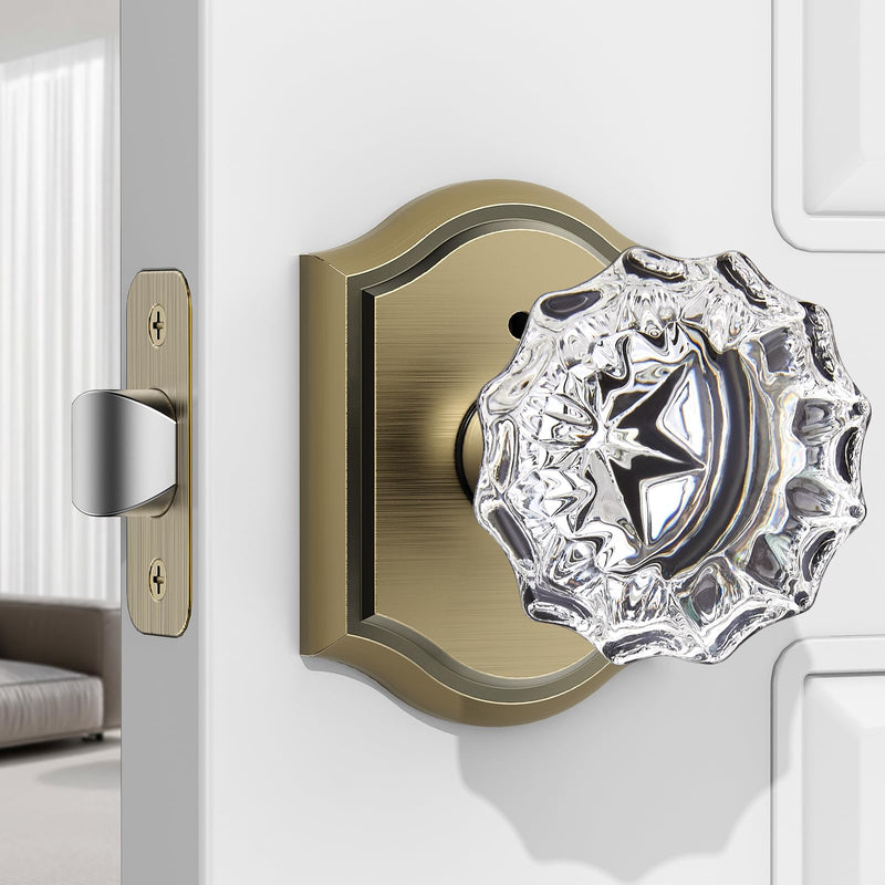 1 Pack Glass Door Knob, Rosette Shaped Crystal Door Knobs with Lock, Antique Brass Door Knobs Interior Glass 1