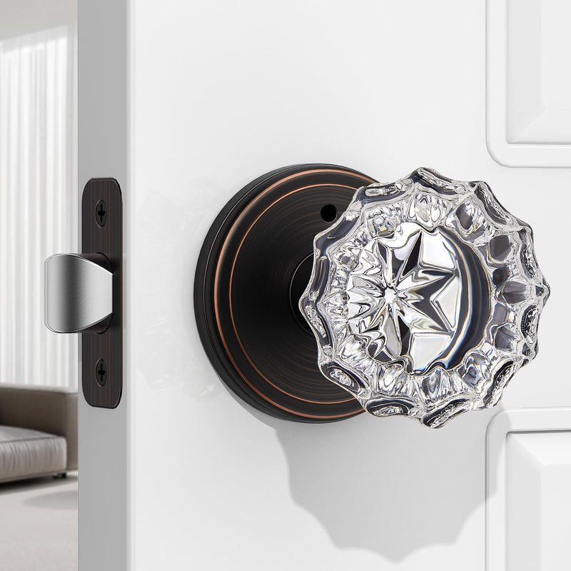 1 Pack Crystal Door Knob, Rosette Shaped Glass Door Knobs Interior with Lock, Oil Rubbed Bronze Door Knobs Interior Glass 1