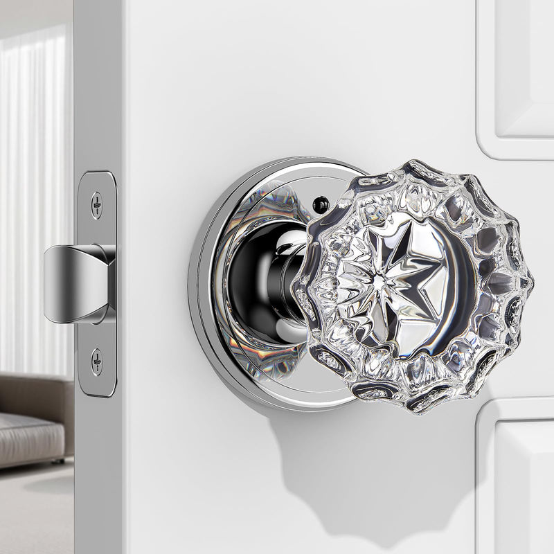 1 Pack Crystal Door Knob, Rosette Shaped Glass Door Knobs Interior with Lock, Polished Chrome Door Knobs Interior Glass 1