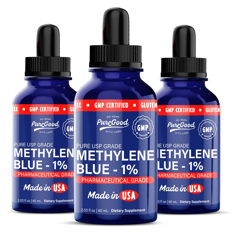 Methylene Blue 1% Liquid – 10 mg per 1 mL Serving – 60mL (2.03 fl oz) – About 60 Servings per Bottle (3 Pack) – Third-Party Tested – Amber Glass Bottle