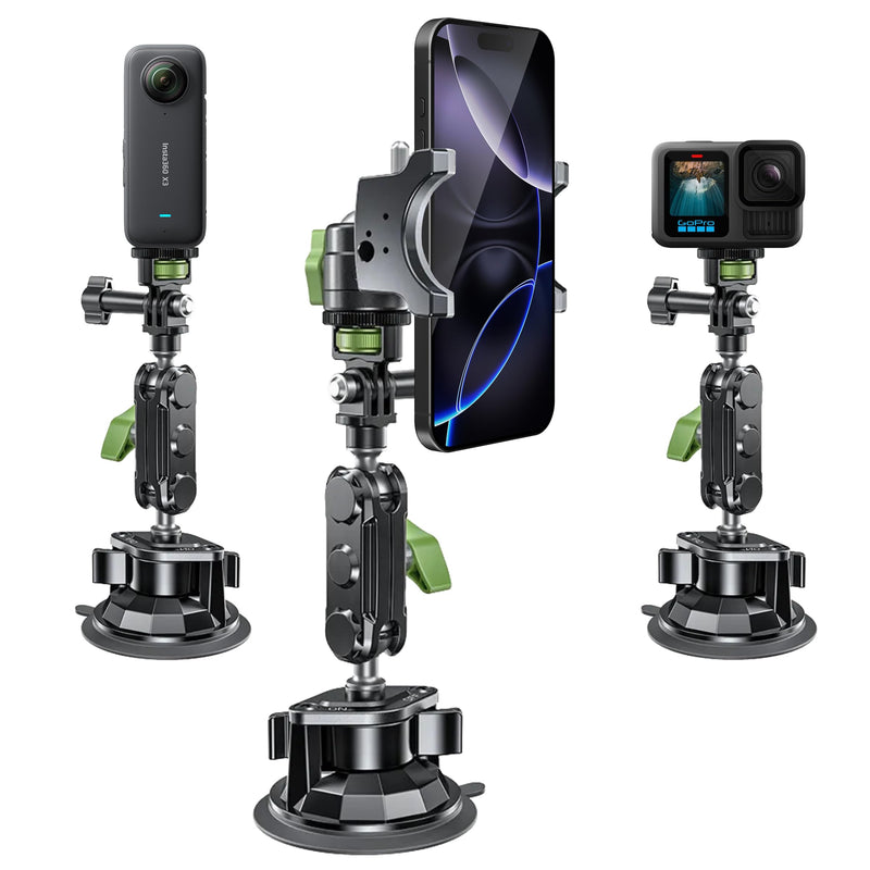 Multi-Purpose Cell Phone and Action Camera Holder for Insta360, Gopro, iPhone with Strong Suction Cup and Aluminum Alloy Double Ball arm.