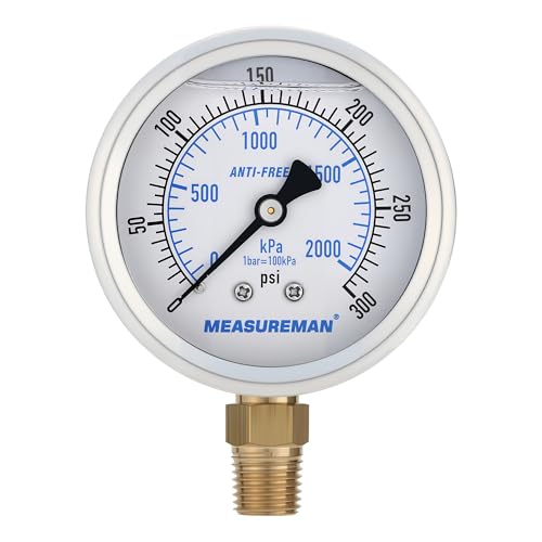 MEASUREMAN 2-1/2 Inch High Pressure Gauge, 0-300 PSI, Silicone Oil Filled, All-Weather Antifreeze, Stainless Steel Case, 1/4 NPT Lower Mount