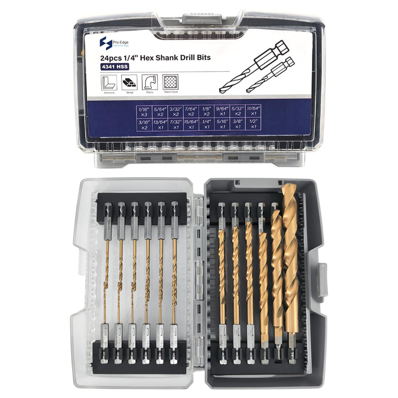 Pro Edge 24 Pcs Hex Shank Drill Bit Set for Impact Driver, Anti-Walking 135-Degree Tip, HSS Twist Titanium Drill Bits for Metal, Steel, Wood Plastic, with Storage Case (1/16"-1/2")