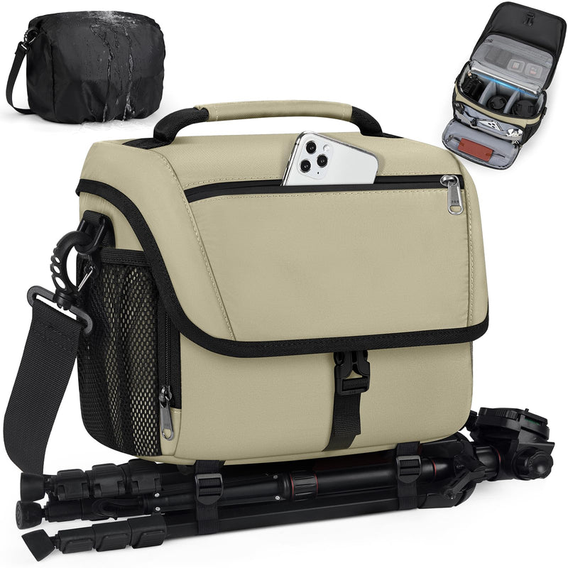 RAINSMORE Camera Bag, DSLR SLR Mirrorless Camera Case for Photographer | Waterproof Camera Sling Bag with Rain Cover & Tripod Holder Soft Padded Crossbody Camera Bag for Sony Canon Nikon Fujifilm Khaki M
