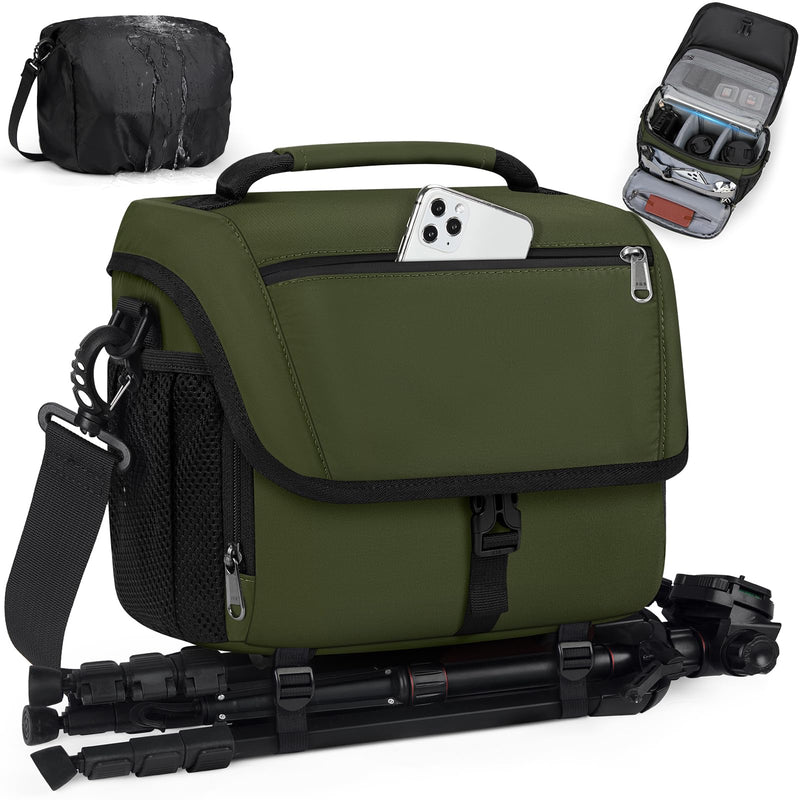 RAINSMORE Camera Bag, DSLR SLR Mirrorless Camera Case for Photographer | Waterproof Camera Sling Bag with Rain Cover & Tripod Holder Soft Padded Crossbody Camera Bag for Sony Canon Nikon Fujifilm Green M