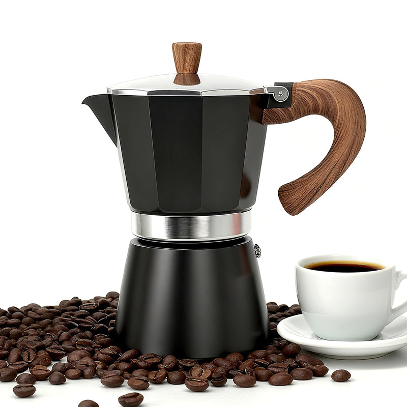 Moka Pot Espresso Coffee Maker, 300ml-6 Cups Espresso Maker, Easy To Use And Clean, Camping Home Use,Suitable For Mocca Puccino Coffee (Black) Black