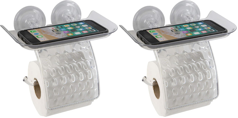Bath Bliss Suction Cup Toilet Paper Dispenser | Power Lock Suction Mount | Phone and Wipes Holder Tray | Not Tools Required |Smooth Surfaces Only | Tile | Glass | Metal | Plastic | Bathroom | Clear Toilet Paper Dispenser (Pack of 2)