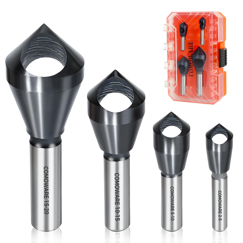 COMOWARE 4pcs TiAIN Coated Chamfer Tool M35 Chamfer Bit 90-Degree Countersink Drill Bit Set for Wood & Metal, Heavy Duty Countersink Bit SAE 1/4"-3/4", 2-5, 5-10, 10-15, 15-20mm M35 1/4"~1"