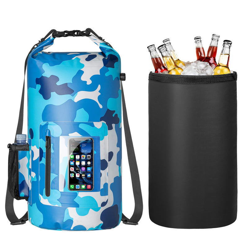 Smasrob 30L Waterproof Dry Bag with 20L Detachable Cooler, Dry Bag Cooler Backpack with Phone Pocket and Bottle Pouch, Suitable for Kayaking, Boating, Camping and Water Activities Blue Camouflage