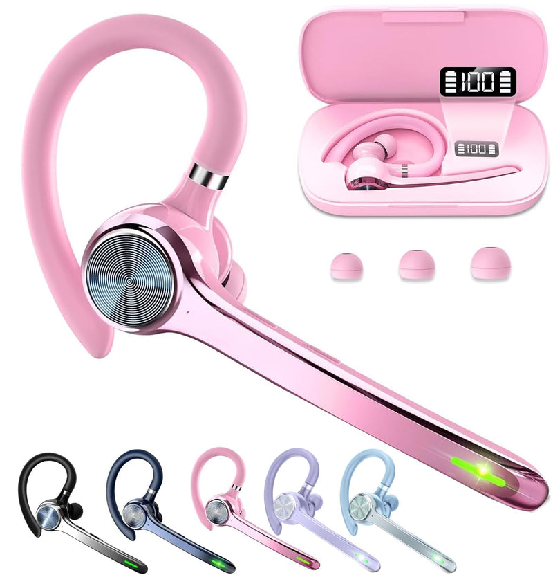 HEIBAS Bluetooth Headset, Wireless Earpiece with Mic for Work | 72H Playtime, 500mAh Charging Case, Hands-Free Calling with Mute Button for Work, Trucker, Office, Driving, iPhone, Pink
