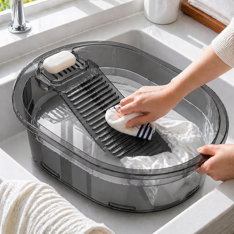 2-in-1 Hand Washing Basin with Washboard - BPA-Free Portable Laundry Tub for Home, Camping, RV,Outdoor - Non-Slip & Durable PET (Gray, 19in) Gray