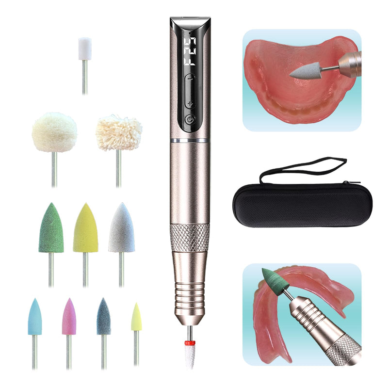 Cordless USB Mini Polisher, Portable Repair & Reline Kit for Edge Trimming, Relining Adjustment, Cracks Repair, and Surface Finishing, 11 Polishing Heads and Travel Case Included Golden