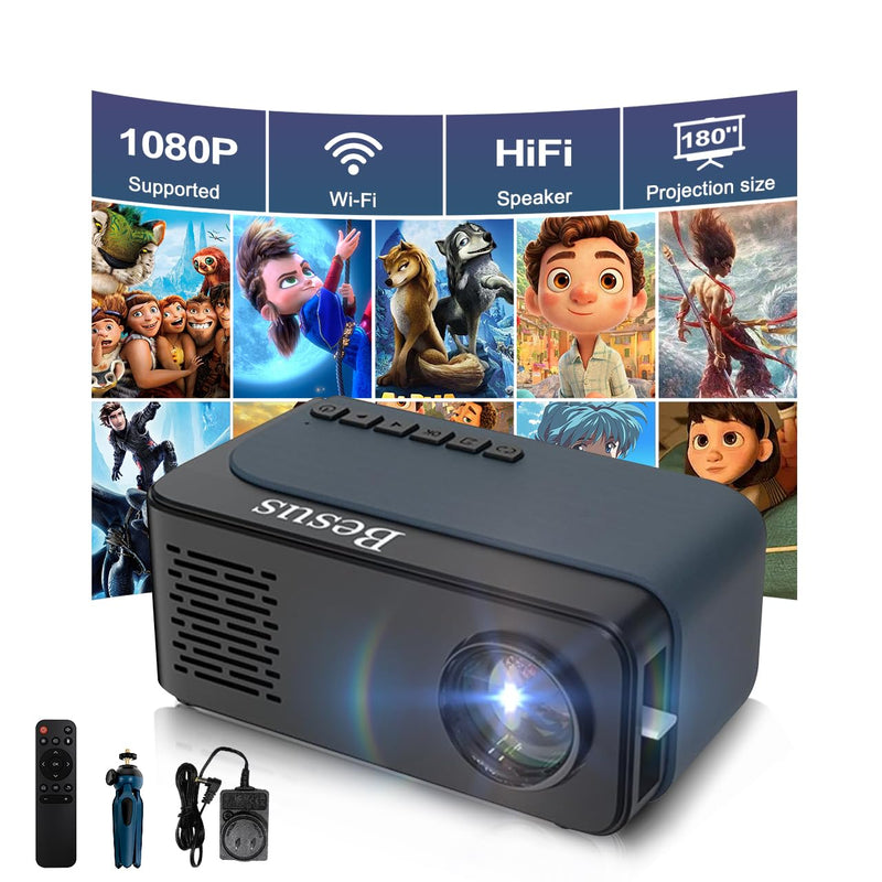 Mini Projector, HD 1080P WiFi Video Projector, Portable Outdoor Projector with Tripod, Gift for Kids, Home Theater Movie Phone Projector Compatible with USB, AV, Smartphone/Tablet/Laptop (cyan) cyan