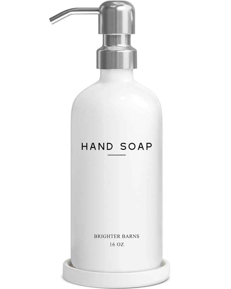 White Glass Hand Soap Dispenser Bathroom Set by Brighter Barns - Bathroom Soap Dispenser Set with Ceramic Tray - Refillable Glass Bottle Pump - Modern Home Decor for Airbnb, Hotel, Restaurants (White) Silver 1