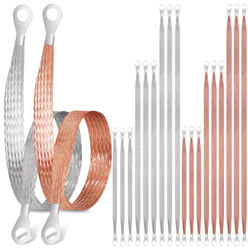 18 Pcs Ground Straps Automotive, 10/15/20 Inch Universal Engine Ground Wire Strap Kit with Ring Terminals, Vehicle Copper Tinned Copper Braided Grounding Cable Strap for Most Cars