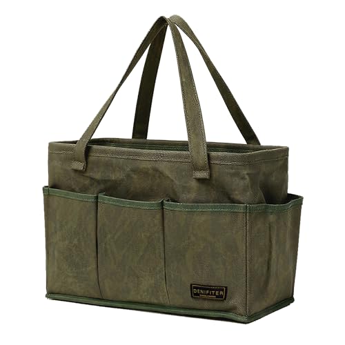 Tool Bag with Metal Frame, Waxed Canvas Wide Open Top Tool Tote Bag with 9 External Pockets, 15.5 x 7.5 x 10.5 Inches (ArmyGreen) ArmyGreen