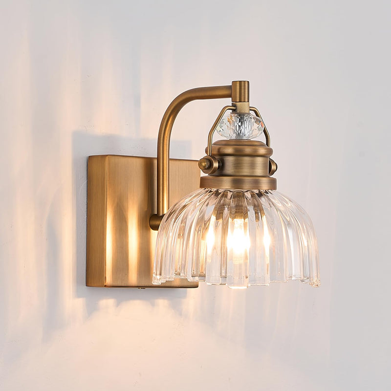 Brass Vanity Light with Clear Glass Shade - Single Bulb Wall Sconce, Bathroom Light, Vintage Bathroom Fixture (L 5.91 in. x W 7.87 in. x H 7.87 in., Bulb not Included) Brass 1-light