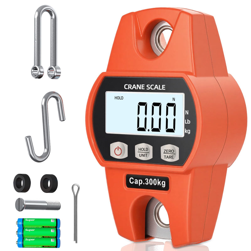 Hanging Scale 660lb/300kg - High-Accuracy Crane Scale with Aluminum Frame and LCD Display. Functions as Fishing Scale and Luggage Scale. for Farm, Hunting, Fitness, and Travel Weighing 300kg/0.1lb