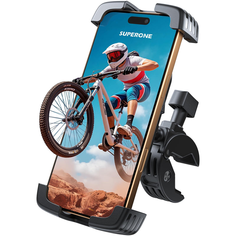SUPERONE Bike Phone Holder, [1s Lock] Motorcycle Phone Mount, [Anti-Shake] Handlebar Cell Phone Clamp, Scooter Phone Clip for Handlebars with Diameters 0.65-1.2 in, Suitable for 4.7-7.2 in Phones