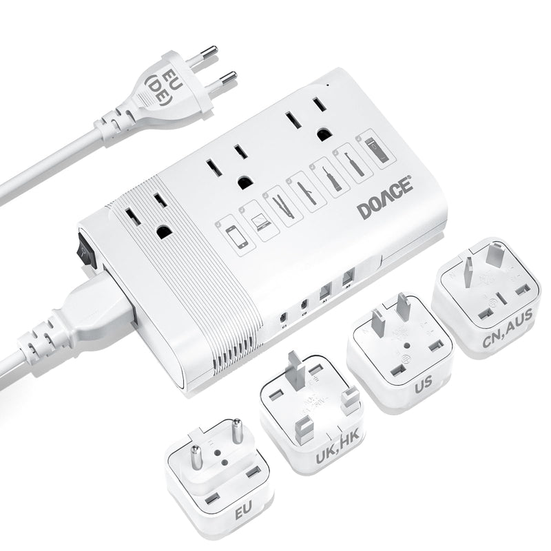 DOACE 220V to 110V Converter for European Travel - 350W Voltage Converter US to Europe with 4 QC+PD Chargers for Using U.S. Devices Abroad - Hair Straightener Shaver Toothbrush Laptop Camera Phone White