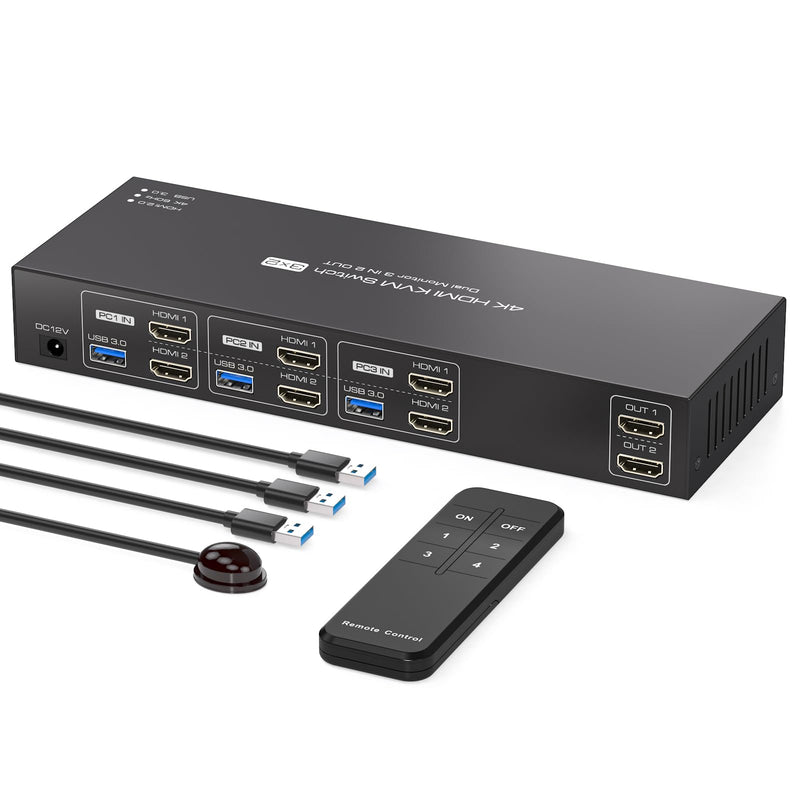 HDMI KVM Switch 3 Computers 2 Monitors 4K60Hz EDID for 3 PC Share Dual Monitor and 4 USB 3.0 Port with Controller HDMI 3 PC 2 Monitors Black