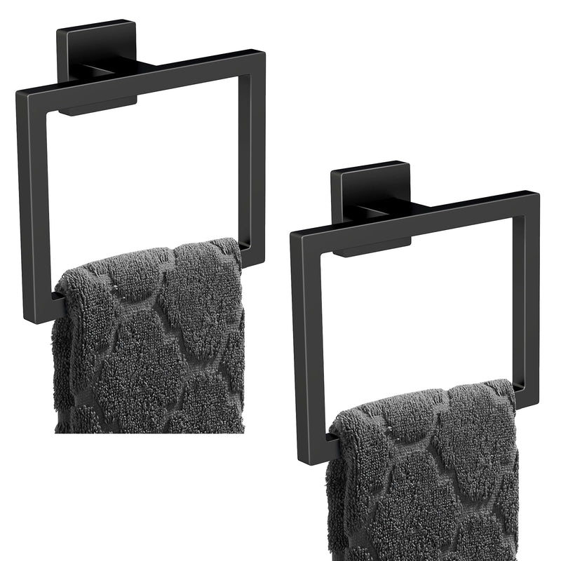 FLE Hand Towel Ring, Towel Rings for Bathroom Wall, 2 Pack, Black | Screw Mount Hardware, Stainless Steel Towel Hanger, Modern Square Hardware