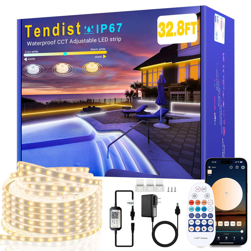 32.8FT Outdoor LED Strip Lights Waterproof IP67, Dimmable 3000K-6500K Warm White LED Rope Lights Outdoor Waterproof with Remote & APP, 24v Adhesive Exterior Lighting for Patio, Deck, Gazebo 32.8FT