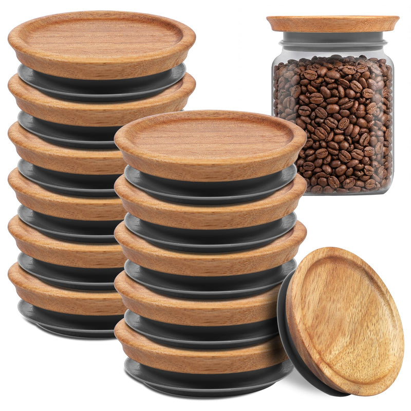12Pcs Regular Mouth Lids Set Airtight Acacia Wood Canning Jar Lids with Silicone Sealing Rings Reusable Canning Covers for Mugs and Jars 12 Brown 12pcs