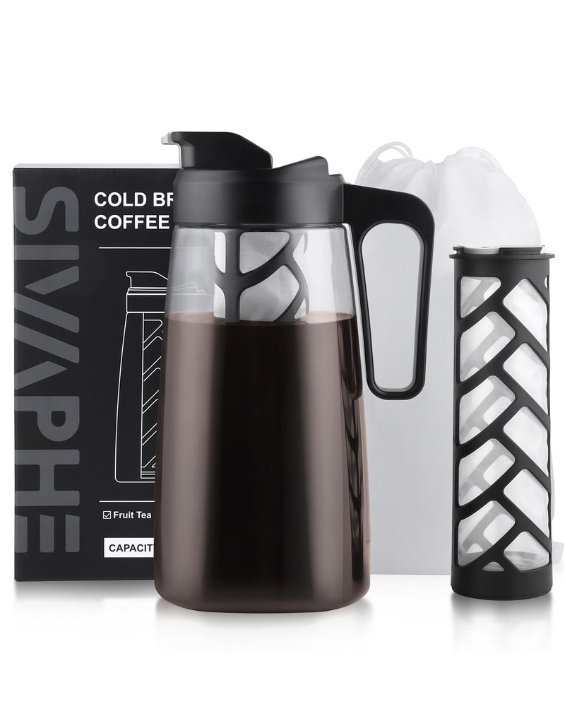 Sivaphe Large Ice Cold Coffee Maker 2 Quart, Dishwasher Safty Traitan Carafe Pitcher Leak Proof, Reusable Filter 64 oz Iced Hot Coffee Tea Method Brewer Black+clear